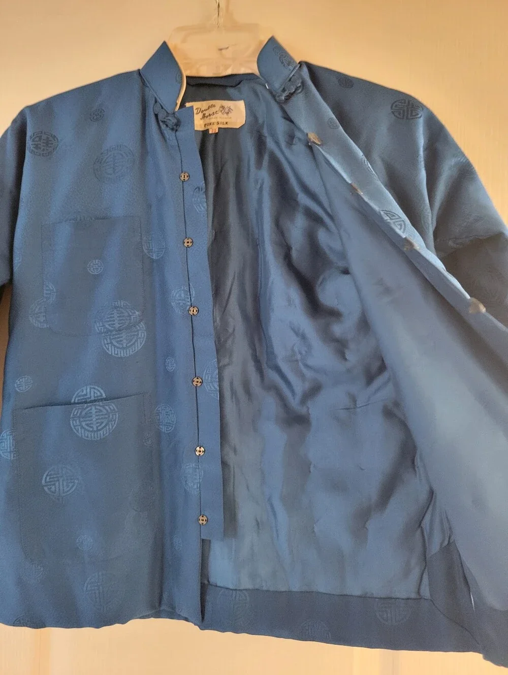Vtg Double Horse Kids Pure Silk Blue Chinese Mandarin Jacket Medallion Size 23